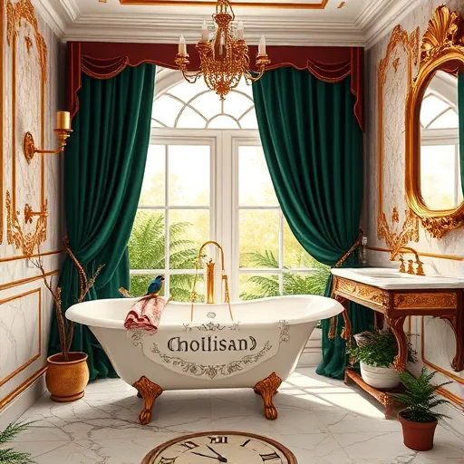 A richly detailed Baroque-style bathroom interior inspired by regional design trends in Hilliard, Ohio. The scene features elaborate gold-accented moldings, intricate marble tiling, and towering gilded fixtures that evoke a sense of grandeur, balanced with modern minimalist elements. A luxurious clawfoot tub with plush, patterned towels showcasing Ohio-themed motifs like oak leaves and corn sits beside a vintage-inspired sink with ornate brass fixtures. Playful accents include a whimsical bird sculpture perched on the sink edge and a vintage clock with exaggerated Roman numerals, adding quirky charm. Large arched windows draped with deep emerald and burgundy velvet curtains allow soft natural light to cast warm shadows across the space. Surrounding decor includes potted ferns and succulents, introducing organic freshness, and a baroque-style mirror with intricate gold carvings that reflects the elegant scene. The overall mood combines sophistication with playful personality, highlighting the harmony of traditional and modern bathroom design. The color palette features rich gold, deep jewel tones, creamy whites, and subtle metallic accents, creating an inviting and opulent atmosphere that celebrates regional bathroom aesthetics and evolving trends in Hilliard, Ohio.