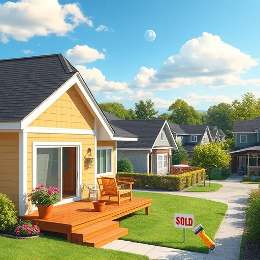 A vibrant suburban neighborhood scene during bright daylight showing a partially renovated house with fresh, colorful paint in warm beige and soft teal. The modern design features a sleek new deck with contemporary outdoor furniture, potted plants with lush greenery and colorful flowers, and a shiny new window revealing a lively interior. An old, dull section of the house is being updated with a craftsman’s hand painting a wall or installing a new roof, showcasing renovation effort. A cheerful, anthropomorphic power drill adds whimsy to the yard. Nearby, visual cues of increased property value include a “Sold” sign with an upward arrow, a modern tiny office or daycare structure, and an electric vehicle parked outside. The background displays a peaceful neighborhood skyline with well-maintained homes, some under renovation, set against a cheerful sky with fluffy clouds, soft blue hues, and warm sunlight. Lush trees, manicured lawns, blooming flowers, and freshly laid pathways highlight progress and transformation. Rendered in a SocialRealism style, the scene emphasizes realistic yet slightly exaggerated colors, textures like woodgrain and brickwork, conveying authenticity, community pride, and the positive impact of home remodeling on property value.