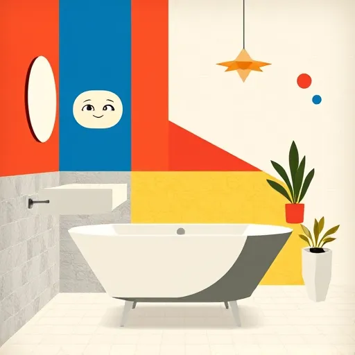 A vibrant Bauhaus-inspired collage illustrating an affordable bathroom remodel, featuring sleek geometric shapes and bold lines that emphasize modern simplicity. The scene includes a stylized, minimalist bathroom with abstract representations of fixtures such as a streamlined sink, a geometric bathtub, and angular tiles, all constructed from overlapping rectangles, circles, and triangles arranged harmoniously to convey balance and efficiency. Bright primary colors—vivid reds, energetic blues, and sunny yellows—contrast with mellow neutrals like soft grays and pastel accents, creating an upbeat yet professional tone. Quirky details enhance the design: a floating soap bar with cartoon-like eyes, a star-shaped geometric showerhead, and stylized plants in abstract pots, adding personality and charm. The background depicts a spacious bathroom environment with subtle tile textures and floating geometric decor elements, resulting in a lively, engaging atmosphere that highlights affordability and creativity. Overall, the composition showcases a clean, functional, and modern aesthetic typical of Bauhaus design, inspiring viewers to envision budget-friendly bathroom upgrades with playful ingenuity.