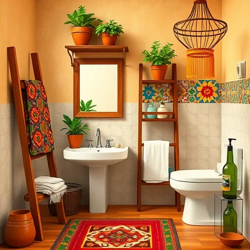 A colorful, Afrocentric-inspired bathroom scene featuring low-cost remodeling ideas. The space includes vintage wooden shelves draped with traditional African textiles, alongside a mirror with intricate beadwork framing. Brightly colored clay pots with lush green plants sit on open shelves, showcasing eco-friendly decor. A repurposed wooden ladder functions as towel and accessory storage. An artisanal handwoven rug with geometric African motifs covers the floor, adding warmth. In the background, a vibrant mosaic tiled backsplash demonstrates affordable creative upgrades. Handmade ceramic soap dishes and recycled glass soap dispensers emphasize sustainability. Quirky details like a DIY chandelier made from recycled bottle caps and a faux plant crafted from local materials enhance personality. The design combines bold lines, intricate patterns, and a warm earthy palette of terracotta reds, deep browns, oranges, and greens, creating a lively, inviting space that celebrates resourcefulness, style, and cultural richness.