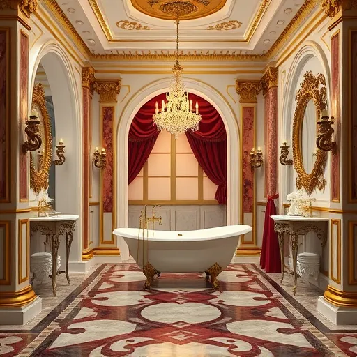 A luxurious Baroque-inspired bathroom featuring spacious elegance with gold gilded moldings, ornate marble columns, and intricate cornices. Wide, arched marble doorways highlight accessibility within the opulent setting. Corners adorned with floral motifs and cherub sculptures add playful yet regal details. The polished marble floor showcases elaborate inlay patterns, illuminated by shimmering chandeliers that cast a warm, golden glow. A vintage brass-fitted clawfoot bathtub sits beside a large, spiral-shaped mirror, blending whimsy with sophistication. Deep jewel-toned hanging draperies provide rich contrast to luminous architectural elements. Soft ambient lighting accentuates the smooth curves and craftsmanship of the Baroque style, while reflected surfaces create a dynamic interplay of light and shadow, creating a scene of grandeur, elegance, and subtle whimsy in a richly detailed, opulent bathroom setting.