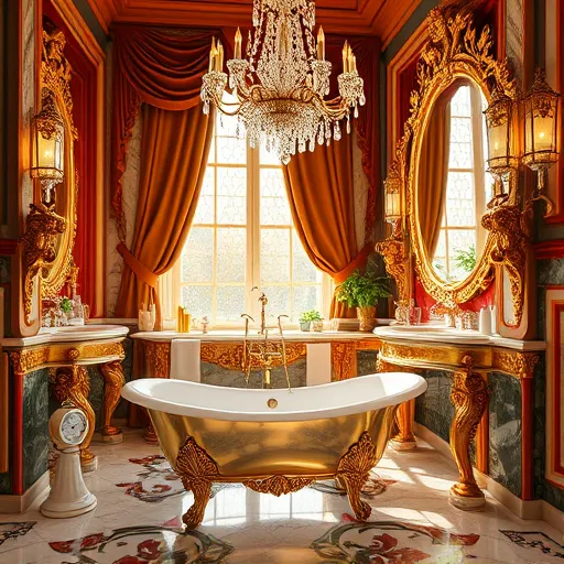 A luxurious Baroque-style bathroom featuring an elaborately carved marble vanity with gilded rococo motifs and ornate detailing. Behind, grand windows draped in heavy velvet curtains allow soft golden sunlight to illuminate shimmering surfaces. Elegant, curved mirrors with intricate gold frames and floral embellishments reflect the opulent setting. A dramatic crystal chandelier with sparkling droplets hangs overhead, adding a sense of grandeur. Quirky decorative elements include whimsical soap sculptures resembling miniature artworks and colorful ceramic tiles with elaborate swirling patterns in gold, emerald green, and crimson. Subtle details such as a vintage whimsical clock and playful water splashes around an ornate clawfoot tub enhance the charming atmosphere. The scene combines sophisticated elegance with quirky artistic touches, highlighted by bold contrasts, intricate textures, and dramatic lighting in a lush Baroque aesthetic.