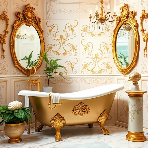 A luxurious Rococo-inspired bathroom featuring ornate gilded fixtures, flowing marble surfaces, and swirling floral motifs. The space showcases a vintage brass clawfoot bathtub nestled among curling rocaille patterns, illuminated by warm light from vintage chandeliers with crystal droplets. Elegant, curved mirrors with intricate frames reflect soft lighting, enhancing the opulent atmosphere. Playful decorative elements include a seashell-shaped soap dispenser, potted ferns and cascading ivy, and a vintage perfume bottle with an exaggerated cap, adding personality. The background displays a pastel-colored tiled wall with detailed rococo motifs and gold accents, harmonizing pastel pinks, creams, and mint greens. Gilded cherub sculptures and decorative scrolls adorn the space, blending sophistication with whimsical charm. The overall scene exudes a charming, vintage grandeur with intricate ornate detailing, flowing lines, and rich textures, evoking a fairy-tale-inspired, bespoke bathroom environment filled with personality and elegance.