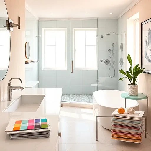 A realistic and inviting modern bathroom undergoing a stylish renovation near Lewis Center, Ohio. The scene features sleek marble countertops with shiny chrome fixtures, contemporary tile work, and a spacious walk-in shower with glass doors, mosaic accent tiles, and a freestanding soaking tub illuminated by soft natural light from frosted windows. In the corner, a collection of colorful bathroom tiles, paint swatches, and design magazines suggests ongoing remodeling efforts, adding playful creative details. Decorative elements include a vintage-style hand mirror on the countertop, a whimsical plant with oversized leaves on a shelf, and handcrafted soap dishes, enhancing the room’s personality. The environment exudes cleanliness, modern elegance, and craftsmanship, with warm neutral tones accented by vibrant colors to create a welcoming atmosphere. The realistic artwork captures textures, reflections, and grout lines with precision, emphasizing quality, innovation, and attention to detail. This depiction highlights professional bathroom upgrades and remodeling services, combining functionality with stylish and charming design elements.