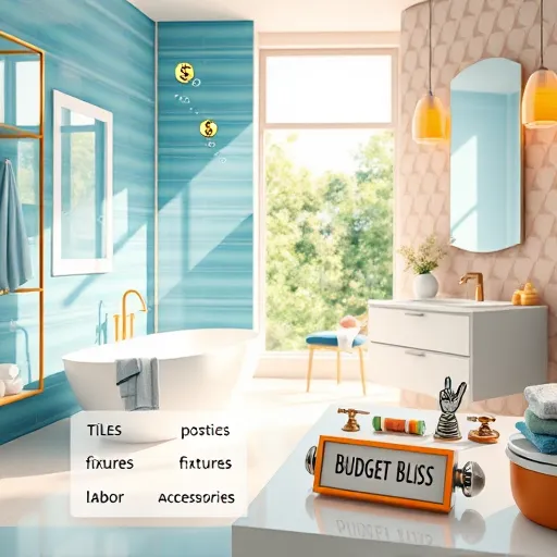 A detailed digital artwork depicting a modern bathroom remodeling cost breakdown. The scene features a stylish bathroom interior viewed from a slight angle, with gleaming ceramic tiles in cool blue and warm neutral tones. A luxurious freestanding bathtub with playful bubbles floats upward, beside an elegant vanity with a mirror surrounded by floating dollar signs and tiny icons of hammers, paintbrushes, and fixtures. In the foreground, semi-transparent overlays resembling infographics highlight areas such as tile, fixtures, labor, and accessories, marked with subtle icons. Bright lighting creates a lively, inviting atmosphere with a professional yet approachable mood. Playful details include a cartoon-style crossed wrench and screwdriver on the countertop and a small plaque reading “Budget Bliss” near the tub. The background shows a blurred window revealing a lush garden, adding natural inspiration, with subtle geometric wall patterns for a modern touch. The color palette combines calming blues, earthy beiges, and cheerful yellow accents, conveying clarity and optimism about bathroom renovation budgeting. The composition balances liveliness with organization, making technical information engaging and visually appealing for a blog cover.