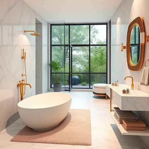 A highly detailed, photorealistic image of a luxurious modern bathroom interior featuring marble-clad walls with intricate veining and polished gold fixtures that shimmer under soft ambient lighting. The space includes a sleek, freestanding soaking tub with smooth curves positioned on a plush textured rug, alongside a large glass-enclosed walk-in shower equipped with rainfall and body jets, highlighting opulence. A minimalist floating vanity with a polished stone countertop displays arranged high-end toiletries and designer accessories, reflected in an ornate gold-framed mirror illuminated by soft vanity lighting. In the background, large windows reveal a lush garden view, adding a calming and refreshing ambiance. Playful decorative touches include a small ceramic elephant on a shelf near the sink and a geometric-patterned towel neatly folded over a modern towel rack. Natural elements such as potted green plants and stone accents contribute warmth and vitality. The color palette combines rich warm neutrals—creamy whites, soft taupes, and brushed gold—with cool glass and greenery accents, creating an inviting and sophisticated atmosphere blending luxury with tranquility, ideal for a chic blog cover.