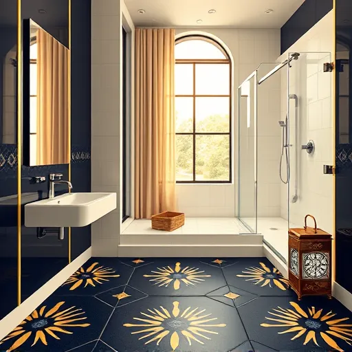 Stylish Art Deco-inspired modern bathroom interior showcasing professional contractors in Reynoldsburg, Ohio. The scene features sleek geometric shapes, bold symmetrical lines, polished chrome fixtures, elegant porcelain sinks, and a luxurious walk-in shower with frosted glass panels. The intricate tile floor displays repeating motifs in rich navy blue, gold accents, and soft cream tones, conveying sophistication and craftsmanship. Large windows with sunlit semi-transparent curtains cast warm light, emphasizing cleanliness and professionalism. Art Deco elements such as stylized sunbursts and zigzag borders frame the scene, adding vintage glamour. Subtle decorative details include a vintage-style toolbox embedded in the tile design and an ornate brass clock with geometric patterns on the countertop, adding personality. The color palette combines navy, shimmering gold, crisp white, and soft beige, evoking reliability and high-quality workmanship. Overall, the image exudes a calm, confident atmosphere blending timeless elegance with modern expertise, ideal for highlighting Reynoldsburg’s top bathroom contractors in an art deco style.