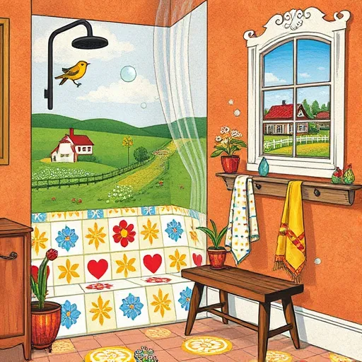 A whimsical folk art-inspired scene of a cozy bathroom corner designed for a walk-in shower installation in Pickerington, Ohio. The stylized shower features vibrant, patterned tiles with floral motifs and playful abstraction, rendered with bold outlines and intricate details. Nearby, a vintage wooden bench decorated with colorful potted plants and cheerful patterned towels adds warmth. A hand-painted window with scalloped edges offers a view of the Ohio countryside, including rolling green hills, rustic farmhouses, and a bright sky with fluffy clouds. Decorative elements include a small whimsical bird perched on the shower rod and a floating bubble motif symbolizing cleanliness. The background depicts a peaceful rural neighborhood with picket fences and flowering trees in a textured, folk art style. The scene uses warm earthy tones like terracotta, moss green, and soft ochre, accented with bright red, sky blue, and cheerful yellow, creating an inviting, friendly, and slightly quirky atmosphere that showcases the charm of a well-crafted walk-in shower installation in Ohio.