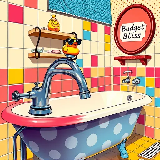 A vibrant Pop Art-style illustration of a bathroom undergoing a budget-friendly renovation. The scene features exaggerated, cartoonish plumbing fixtures with bold outlines and playful patterns, including a colorful bathtub painted with whimsical polka dots, an oversized faucet with exaggerated curves, and cluttered utility shelves with mismatched tiles in bright, contrasting colors like vivid reds, electric blues, sunny yellows, and playful pinks. The stylized bathroom wall in the background is decorated with comic-style color blocks, dotted patterns, and exaggerated shadows that add depth and energy. Humorous details include a rubber duck wearing sunglasses perched atop the faucet and a quirky sticker labeled "Budget Bliss" on a wall-mounted mirror. Overall, the illustration exudes a fun, playful, and optimistic mood, highlighting the creative potential of affordable bathroom remodeling with bold, lively graphics and a sense of quirky creativity.