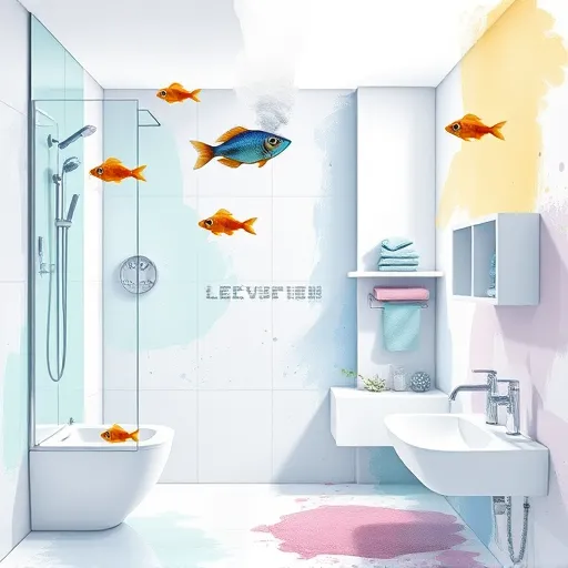 A vibrant, abstract Tachisme-style artwork illustrating innovative smart bathroom design ideas for the year. The composition features modern bathroom fixtures with glossy white, metallic, and translucent surfaces, intertwined with whimsical elements like floating digital control panels, curving glass shower enclosures, and futuristic sensor lights. Organic shapes resembling water splashes and bubbles blend with geometric tiles and minimalist shelves, highlighting the harmony between technology and domestic comfort. Playful details include tiny robotic fish swimming through the scene and stylized steam clouds with pixelated edges rising from a sleek faucet, symbolizing the fusion of nature and technology. The background showcases soft pastel hues—light blues, mint greens, and gentle lavenders—creating a calm, refreshing atmosphere. Unstructured drips and smudges characteristic of Tachisme add spontaneous artistic energy, capturing the fluidity and creative spirit of contemporary bathroom design. Overall, the image exudes modernity, playfulness, and inspiration, making it an eye-catching visual for a blog covering innovative bathroom ideas.
