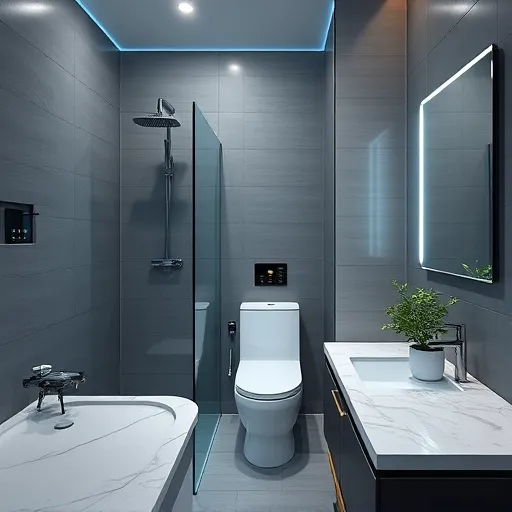 A photorealistic image of a modern, high-tech bathroom featuring polished marble countertops embedded with digital control panels and touchscreens seamlessly integrated into the surfaces. The scene includes elegant glass shower doors with built-in LED lighting and a futuristic rain showerhead, above a sleek, self-cleaning toilet with subtle LED indicators. Matte-finish tile walls in cool slate gray, soft white, and brushed metallic accents create a calming backdrop. A smart mirror with dynamic display features shows weather updates and calendar reminders, floating above a minimalist vanity with hidden, illuminated storage compartments. Quirky details include a small robotic cleaning drone whirring in a corner and a potted plant with glow-in-the-dark leaves, contributing playful elements. Soft, natural lighting mimics daylight, highlighting textures and reflections, while the overall color palette uses cool blues, whites, and metallic silvers, accented by warm smart fixture lighting. The environment combines clean lines, modern elegance, and innovative design, evoking a sophisticated yet playful futuristic bathroom atmosphere.