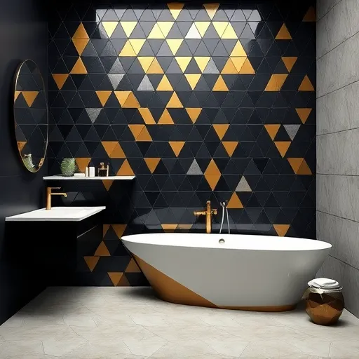 A sleek, modern luxury bathroom featuring sharp geometric shapes and bold lines, with floating hexagonal tiles in shimmering gold and matte black arranged in intricate patterns that convey sophistication. Minimalist, stylized fixtures include a trapezoidal vanity, angular faucets, and a faceted bathtub, all crafted from reflective surfaces that catch light. The background showcases a towering mosaic wall composed of interlocking triangles in deep navy, platinum silver, and soft champagne tones, creating depth and richness. Quirky details include an oversized faceted soap dispenser resembling a gemstone and a small, abstract geometric plant in a faceted pot, adding personality. The space exudes calm, aspirational luxury with a floating ledge holding minimalist decor and an abstract polygon-shaped mirror. The artwork style is Geometric Abstraction, emphasizing precise angular lines, layered shapes, and a sophisticated color palette of gold-bronze, steel greys, and soft whites, resulting in a dynamic, balanced composition that highlights upscale design, elegance, and a luxurious lifestyle in a clean, abstract manner.