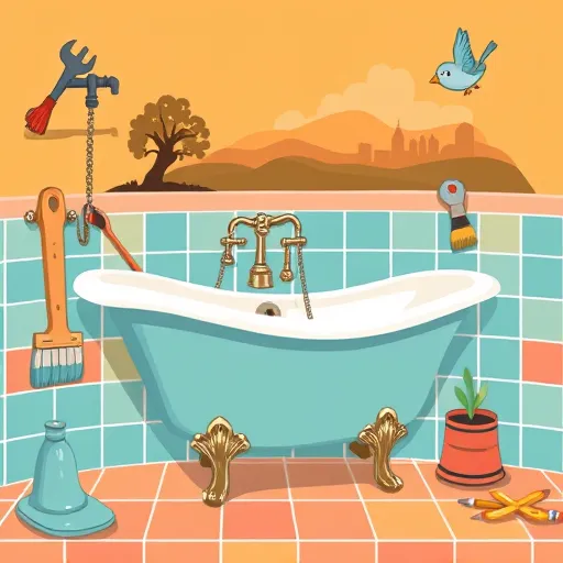 A colorful folk art-inspired scene showcasing trusted bathroom contractors in Westerville, Ohio. The illustration features a whimsical bathroom with stylized, exaggerated fixtures including a curvy clawfoot bathtub, an ornate vintage sink, and decorated tiled walls in warm ochre, teal, and soft coral colors. Cheerful tools such as smiling paintbrushes, friendly wrenches, and plumb lines with playful, exaggerated shapes surround the main elements, adding a fun and approachable atmosphere. Small details like a winking paintbrush and a smiling wrench convey craftsmanship and reliability. In the background, a cozy Westerville landscape is depicted with simple lines showing nodding oak trees and a small town skyline. The overall scene is warm, inviting, and slightly whimsical, with bold outlines and flat, bright colors typical of folk art, creating a handcrafted, community-oriented feel. Additional lively touches include a tiny bird perched on a faucet and a cheerful potted plant beside the sink, emphasizing a friendly, trustworthy environment for bathroom renovation.