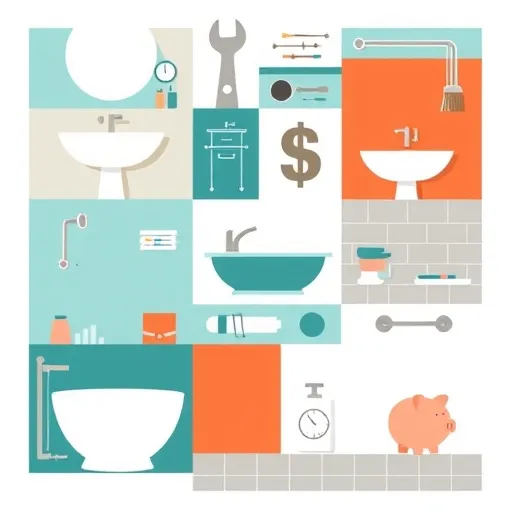 A colorful Bauhaus-inspired illustration depicting a full bathroom renovation cost guide. The image features a mosaic of geometric shapes representing bathroom elements such as sleek sinks, modern bathtubs, chrome fixtures, minimalist tiles, and innovative storage solutions, all outlined with bold lines and flat contrasting colors. The color palette includes soothing aqua blues, clean whites, warm terracotta accents, and muted grays, creating a professional yet creative atmosphere. Background elements incorporate simplified silhouettes of tools like spanners, paintbrushes, and measuring tapes, subtly emphasizing renovation themes. Playful accents include a stylized dollar sign intertwined with pipe shapes and a tiny piggy bank among tiles, adding humor to the design. The overall style emphasizes symmetry and bold shapes typical of Bauhaus art, resulting in a modern, visually engaging, and approachable representation of bathroom renovation costs and ideas.