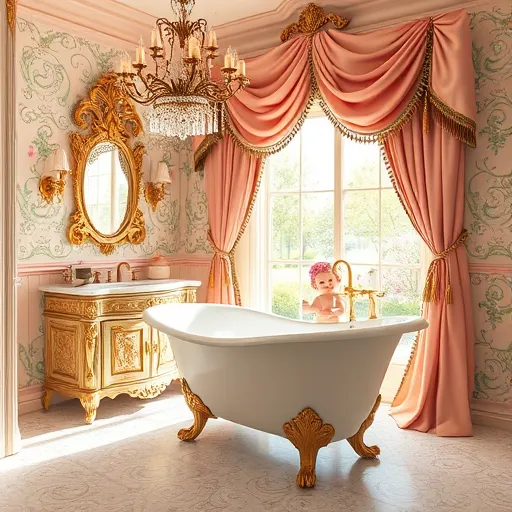 A luxurious Rococo-inspired bathroom scene featuring an ornate gilded vanity with intricate carvings and a shimmering marble countertop illuminated by a crystal chandelier. The ceiling is draped with pastel-colored, swirled silk fabric, enhancing the elegant ambiance. Vintage-style fixtures in soft gold and pastel tones adorn the space, complemented by whimsical details such as a tiny ornate clock with cherubic faces peeking from behind the mirror and a delicate soap dish shaped like a porcelain hat. A prominent, flamboyant clawfoot bathtub resembling a giant seashell with swirl patterns is filled with bubbles, topped by a laughing porcelain cherub holding a small brush. Vibrant wallpaper in soft pinks and mint green with floral and scroll motifs covers the walls, while rococo curtains with tassels frame a large window, offering a view of lush Ohio landscape including oak trees and blooming gardens. The scene exudes a playful yet refined mood, blending luxury with eccentricity through a rich palette of gold, blush pink, mint, cream, turquoise, and lavender. Detailed textured brushwork emphasizes ornate carvings and lush fabrics, creating a whimsical palace of bathroom renovation dreams that combines sophistication with quirky personality.