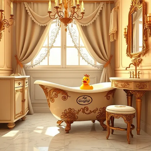 A luxurious Baroque-style bathroom designed for seniors, featuring ornate gilded fixtures and elegant marble surfaces. The intricately carved vanity displays swirling floral motifs, while a vintage clawfoot tub with decorative scrolls holds a charming rubber duck wearing a tiny crown. An ornate, vintage mirror reflects soft warm light, enhancing the room's timeless elegance. The space is illuminated by elaborate chandeliers casting gentle shadows and bathed in a golden hue, creating a warm and inviting atmosphere. Subtle accessibility details include textured grip grab bars shaped like acanthus leaves, cushioned baroque-patterned step stools, and a sunlit window draped with lush curtains and embroidered lace tassels. An engraved plaque on the vanity reads "Age Gracefully" in elegant calligraphy. The scene combines grandeur with practicality, emphasizing comfort, safety, and style in a timeless setting suitable for a stylish blog cover.
