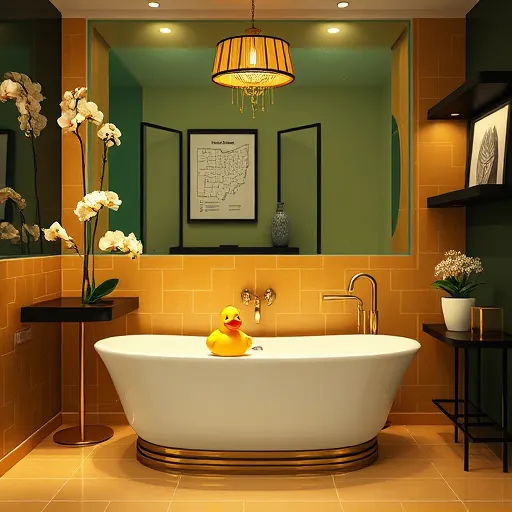 A luxurious Art Deco-inspired bathroom with symmetrical geometric patterns on glossy tiles in muted gold and deep emerald green tones. Features a vintage-style bathtub with streamlined chrome fixtures, ornate stylized lighting emitting warm glow, and decorative accents such as orchids in Art Deco vases and a mirrored vanity with fan-shaped etchings. Includes quirky details like a vintage rubber duck on the bathtub, geometric soap dishes resembling architectural motifs, and a whimsical "Renovation Ready" checklist with gold foil. The scene is set in a modern, professional workspace with dark wood shelving displaying tile samples, fixtures, and graphic posters of Ohio's lakes and skyline, indicating a location in New Albany, Ohio. The color palette emphasizes gold, emerald green, black, and soft cream, conveying a confident, polished, and playful aesthetic suitable for a blog cover about stylish bathroom renovation professionals in Ohio with Art Deco elegance.