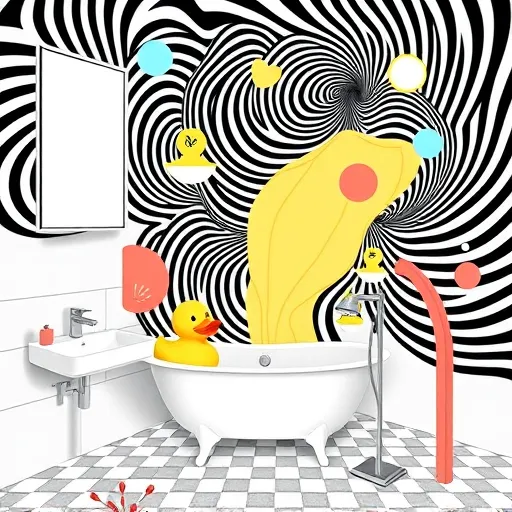 A vibrant OpArt-inspired collage illustrating affordable bathroom renovation concepts. The design features interconnected swirling geometric patterns with bold black and white lines creating optical illusions of movement and depth. Stylized minimalist icons of bathroom fixtures—sinks, bathtubs, showerheads, and faucets—are embedded within the patterns, rendered in playful shapes with bright colors like turquoise, yellow, and coral, adding a cheerful and optimistic tone. Quirky details such as a miniature rubber duck on a stylized bathtub, abstract bubbles with swirling designs, and tiny watt symbols signify energy-efficient fixtures. The background resembles a tiled surface with tessellating patterns and subtle gradients, suggesting modern tile layouts in a clean, dynamic environment. The overall composition emphasizes fun, creativity, and affordability in bathroom upgrades, using high-contrast black and white illusions balanced with lively colors, making it engaging and visually striking for a blog on budget-friendly bathroom updates.