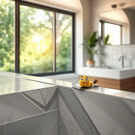 Hyperrealistic scene of bathroom tile installation in Grove City, Ohio, featuring an intricately tiled wall with glossy ceramic tiles in soft whites, smoky grays, and subtle blues, creating a calming atmosphere. A sleek trowel and tiny bubbles of grout emphasize meticulous craftsmanship. A cheerful, cartoonish grout sponge with expressive eyes adds playful charm. In the background, a modern bathroom with large windows showing Grove City's lush greenery, a stylish mirror with an exaggerated reflection, and warm natural lighting highlight the professional, inviting setting. Subtle details include a blueprint-style tile pattern sketch and a small potted plant, conveying attention to detail and creative artistry. Overall, the scene captures expert bathroom renovation services, blending precision, care, and playful personality in a bright, welcoming home environment.