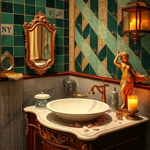 A luxurious High Renaissance-style bathroom scene depicting a renovation symbolizing New Year’s resolutions. In the foreground, an ornate marble washbasin with intricate gold carvings rests on a richly detailed wooden vanity, illuminated by shimmering silver fixtures. A vintage gold-framed mirror reflects a faint glow of hope, accompanied by a porcelain jar of bath salts and a brass magnifying glass, adding classical indulgence. Subtle alchemical symbols and handwritten notes about renewal are etched into background elements, blending art with intention. A sculpted waterfall of gentle water surrounds a half-buried hourglass set among pink and white rose petals, symbolizing the passage of time and renewal. The backdrop features a grand baroque tile wall in jewel tones—emerald green, sapphire blue, and regal gold—lit by soft candlelight casting warm glows. Nearby, a classical allegorical muse gestures toward a modern, shining showerhead, representing upgrades. Quirky details include a tiny soap sculpture resembling a clock or playful face and a small heraldic banner with ‘NY’ initials, signifying New Year. Overall, the scene exudes calm, hopeful optimism, blending High Renaissance artistry with symbols of transformation, renewal, and fresh beginnings. Warm golds, deep greens, shimmering silvers, and candlelit ambers create an inviting, timeless atmosphere.