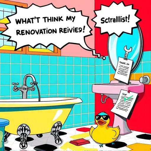 A vibrant, PopArt-inspired collage depicting bathroom renovation essentials with bold, contrasting colors such as electric blue, fiery red, sunny yellow, and crisp aqua. The scene includes stylized illustrations of iconic bathroom elements: playful clawfoot tubs with exaggerated curves, shiny comic-style faucets, oversized geometric tiles, and whimsical accessories like a vintage mirror with exaggerated reflections, a rubber duck wearing sunglasses, and a cartoonish checklist fluttering in the air. Foreground speech bubbles contain icons representing key considerations—a dollar sign for budget, a wrench for tools and repairs, and a lightbulb for ideas—hovering over the scene. The background features a stylized bathroom layout with exaggerated fixtures and high-contrast patterned tiled walls, creating an energetic and humorous atmosphere with quirky charm. The lively, eye-catching design is ideal for a blog cover about planning bathroom renovations, emphasizing design choices, costs, and layout considerations visually.