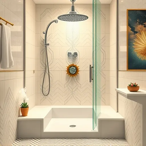 A detailed Art Deco-inspired illustration of an accessible shower design for a small bathroom. The sleek shower enclosure features geometric lines and tiered steps with symmetrical, decorative patterns characteristic of the 1920s. The stylized chrome showerhead resembles a shimmering fan, accented with polished brass details that add a touch of luxury. Surrounding the shower, the small bathroom is decorated with subtle zigzag or chevron patterned tiles in muted golds, deep blues, and soft creams, creating an elegant and calming atmosphere. Quirky touches include tiny vintage-style potted plants on ledges, playful steam clouds rising from the shower, and an Art Deco sunburst soap dispenser. Bright, warm lighting highlights the decorative patterns and reflections, conveying a sense of modern elegance combined with vintage charm. This sophisticated scene showcases innovative, accessible bathroom design, blending practicality with timeless glamour—ideal for a blog cover on stylish small bathroom renovations.