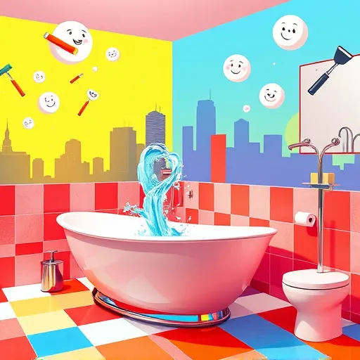 A vibrant PopArt-style collage illustrating a modern bathroom renovation with sleek freestanding tubs, shiny chrome fixtures, and colorful geometric-patterned tiles. Playful exaggerated elements include a whimsical faucet with cartoonish water splashes in bright blue and white, oversized smiling soap bubbles drifting through the scene, and floating renovation tools like hammers, paint rollers, and plungers with expressive eyes. In the background, flat, vivid silhouettes of Grove City, Ohio, add a local touch. The lively scene is filled with bold reds, electric blues, sunny yellows, and crisp whites, creating an energetic atmosphere of renewal and transformation. This cheerful, high-contrast composition captures the excitement of creative bathroom makeovers, appealing to homeowners seeking stylish remodeling ideas in Grove City.