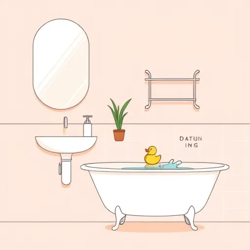 A minimalist line art illustration of an affordable bathroom remodel featuring soft pastel tones. The image showcases a modern sink with a sleek faucet, a streamlined mirror with subtle reflections, and a cozy corner with a small potted plant and a stylish soap dispenser. A vintage-style bathtub with rounded edges sits beside a slim towel rack, all rendered with flat shading to evoke calmness and sophistication. Quirky details include a cheerful rubber duck on the bathtub edge and an abstract water splash near the faucet, adding playful personality. The background depicts a warm-toned wall with a faint tiled pattern in light grays and beiges, emphasizing a practical, budget-friendly upgrade. The scene feels airy and inviting, highlighting practicality and style with a calming color palette of blush pinks, gentle grays, and creams. This illustration captures the essence of a stylish, affordable bathroom transformation that's both charming and approachable.
