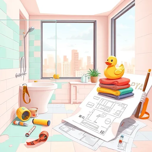 A vibrant digital illustration depicting a modern bathroom renovation scene. The bathroom features a partially demolished wall revealing bright, pastel-colored tiles in mint green and blush pink, accented with shimmering gold details. Scattered around are playful tools such as paint rollers, brushes, and measuring tapes. A whimsical rubber duck sits atop a stack of colorful towels, adding a quirky touch. A large blueprint with detailed measurements and creative design elements is displayed on a nearby table. In the background, a cityscape skyline visible through a large window, illuminated by sunlight and playful clouds, suggests a neighborhood within a five-mile radius. The scene combines soft pastel tones with vibrant accents of turquoise, coral, and sunny yellow, creating an inviting and lively atmosphere. Artistic textures mimic digital brushstrokes, blending realism with a lively, exaggerated style that captures the energy, creativity, and chaos of home bathroom renovation.