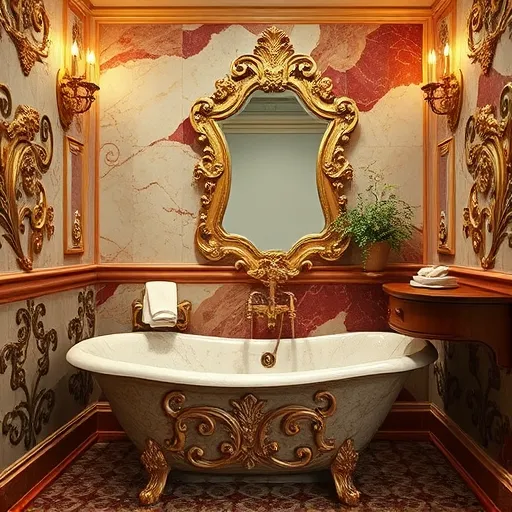 A luxurious Baroque-style bathroom scene featuring ornate details and opulent charm. At the center is an intricately carved marble bathtub with gilded accents reflecting warm golden hues. Surrounding the tub are elaborate marble walls with swirling motifs, rococo scrolls, and floral embellishments. A softly lit, gilded-framed mirror enhances the regal atmosphere. Vintage-style faucets with intricate engravings add a playful yet refined touch. In the corner, a charming wooden vanity with detailed carvings holds a vintage soap dish and a small potted plant with curly foliage. The background showcases rich, textured moldings, golden sconces emitting warm light, and luxurious patterned tiles in deep reds, browns, accented with teal and cream. Decorative baroque elements such as draperies, ornate candlesticks, and gilded frames enrich the scene’s regal feel, with subtle hints of construction tools like a vintage wrench displayed as decor, suggesting renovation. The mood exudes calm indulgence, transforming a small space into a personal palace, with tiny quirky details like a carved cherub or whimsically shaped soap adding playful personality. The color palette emphasizes warm golds, deep reds, lush browns, with touches of cream and teal, highlighting craftsmanship and elegance in this baroque-inspired bathroom renovation scene.