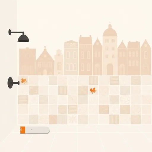 A modern, minimalist illustration of bathroom tile installation in German Village, Ohio. The scene features a contemporary bathroom with geometric tiles arranged in a harmonious pattern, symbolizing precision craftsmanship. In the foreground, abstract representations of a grout float and a partially tiled wall emphasize tile-setting techniques, with subtle hints of tools like a trowel and measuring tape integrated into the design. The background depicts a simplified silhouette of historic German Village architecture, including brick facades and quaint rooftops, illustrating local charm. The color palette includes soft terracotta, muted grays, and creams, creating a professional and welcoming atmosphere. Playful decorative tiles with patterns of Ohio’s Buckeye leaves and stylized maple trees add personality, blending regional motifs into the clean aesthetic. The composition balances negative space and detailed elements, evoking expertise, regional character, and craftsmanship in tile installation services.