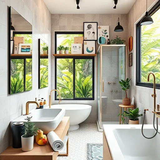 A bright, spacious bathroom featuring a mix of modern and vintage design elements with playful, eclectic decor. Elegant fixtures like sleek sinks, sculptural faucets, and futuristic shower stalls are complemented by vintage-inspired tiles, colorful mosaic accents, and whimsical objects such as quirky soap dispensers and potted plants with exaggerated leaves. The space has an asymmetrical layout with mirrored surfaces reflecting abstract patterns, emphasizing personalized design. Large windows reveal a lush outdoor garden, filling the room with natural light and soft shadows that create a calm atmosphere. Wall-mounted shelves display design samples, swatches, and eclectic decorative objects, suggesting a creative consultation process. Small details include a rolled blueprint on the countertop, a rubber duck hidden behind towels, and a sketchpad with doodles, adding personality and fun. The scene employs realistic textures and warm, earthy, pastel, and vibrant colors in a 'SocialRealism' style, capturing the tactile quality of materials and surfaces. Overall, the image portrays a welcoming, inspiring space that celebrates individuality and creativity in bathroom design.
