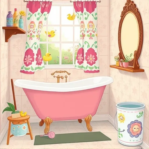 A FolkArt-inspired whimsical illustration of a cozy bathroom renovation scene. The vintage clawfoot bathtub is painted in vibrant pastel colors, decorated with playful patterned curtains gently fluttering. Wooden shelves hold cheerful mismatched ceramic bottles, potted plants with exaggerated leaves, and quirky rubber duckies, adding personality. Bright patterned tiles featuring folk motifs cover the walls, complemented by a cheerful color palette of soft pinks, mint greens, and sunny yellows. A floral-patterned step stool and a vintage ornate mirror reflect light, creating warmth. In the background, a rustic window reveals a sunny garden with blooming flowers and lively birds, enhancing the renovation theme. quirky details include a smiling plunger, a colorful paintbrush resting beside a bucket, and a sassy soap dispenser. The artwork emphasizes bold linework, decorative motifs, and warm colors characteristic of FolkArt, capturing the cheerful, playful spirit of transforming a dull bathroom into a lively, charming space.