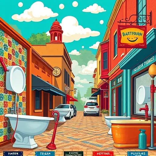 A colorful mural-style illustration showcasing the top bathroom remodeling companies in Westerville, Ohio, depicted as a lively street scene. Oversized, stylized bathroom fixtures—including whimsical clawfoot bathtubs, playful pedestal sinks, and towering toilets—are adorned with traditional Mexican-inspired intricate patterns. These fixtures are integrated into a bustling marketplace with artisan stalls displaying vibrant tiles, mosaic designs, and decorative plumbing accessories, featuring playful details like smiling pipes and faucets that add personality. The background highlights Westerville’s historic downtown with warm earthy tones of terracotta, deep reds, and sunshine yellow, blending local charm with vibrant artistry. The sky is turquoise with soap bubble-shaped clouds, enhancing the cheerful atmosphere. Quirky details include exaggerated tools with cheerful faces, like hammers and wrenches, and signs with lively symbols of craftsmanship, such as smiling wrenches and happy showerheads. The artwork employs bold lines, flat color planes, and intricate patterns in a Mexican Muralism style, combining professionalism with whimsy to celebrate craftsmanship and local creativity—perfect for promoting bathroom remodeling experts in Westerville, Ohio.