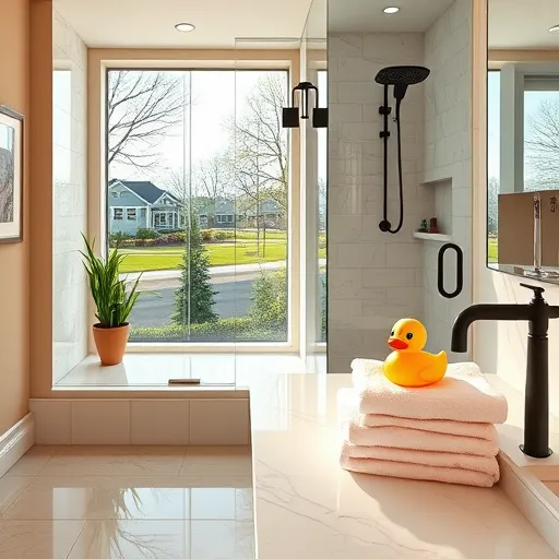 A highly detailed, realistic illustration of a modern, professionally renovated bathroom in Reynoldsburg, Ohio. The scene features a sleek, contemporary design with polished marble countertops, a spacious walk-in shower with clear glass doors, and elegant fixtures made of brushed nickel and matte black accents. Warm, inviting lighting creates soft shadows, highlighting the bathroom's cleanliness and craftsmanship. Architectural details suggest custom cabinetry and high-quality tiling, reflecting skilled contractor work. In the background, a window overlooks a serene suburban neighborhood with mature trees and charming houses, emphasizing local trustworthiness. On the countertop, a small potted plant with vibrant green leaves sits beside a vintage-inspired soap dispenser, adding personality and attention to detail. Light reflections on glass and metallic surfaces evoke a calm, inviting atmosphere, reinforcing confidence in the quality of the renovation. The color palette features warm neutrals, soft beiges, and cool grays, conveying professionalism and reliability. A playful touch is provided by a cartoonish rubber duck peeking from behind a stack of plush white towels, adding charm and personality. Overall, the image showcases meticulous craftsmanship, trustworthiness, and local expertise, ideal for a blog cover highlighting reliable bathroom remodeling services in Reynoldsburg, Ohio.