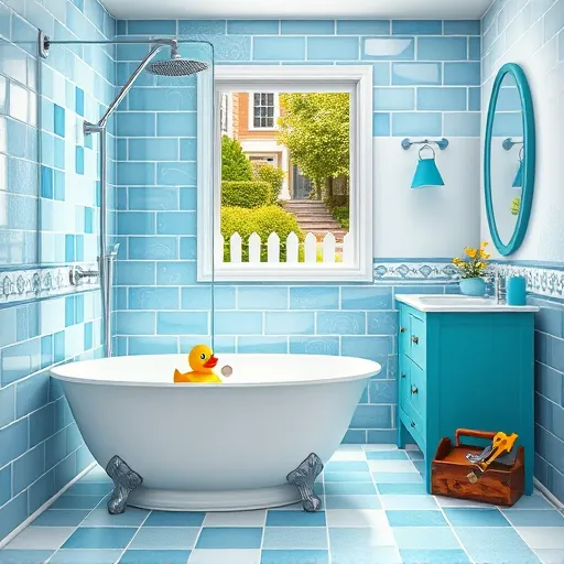 A vibrant, detailed image of a modern bathroom remodel in progress in Pickerington, Ohio. The bathroom features glossy blue and white tiled walls, a sleek glass shower enclosure with water droplet patterns, and a polished chrome faucet. A vintage-inspired teal vanity adds charm, while a partially demolished wall with visible yellow insulation reveals rapid renovation. Quirky details include a rubber duck on a pristine white tub, a small potted plant with whimsical leaves, and a cartoonish toolbox leaning against the wall. Outside through a partially open window, a charming Ohio-style home with a picket fence, lush greenery, and colorful flowers creates a warm, inviting atmosphere. The scene combines energetic professionalism with playful charm, emphasizing quick, reliable bathroom remodeling services in Pickerington, Ohio.