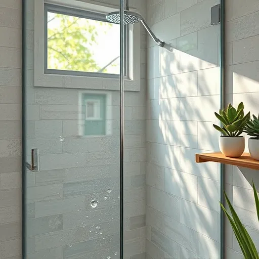 A detailed impressionistic illustration of a modern walk-in shower installed in a cozy bathroom within Upper Arlington, Ohio. The scene features sleek, minimalist glass shower panels reflecting soft natural light from an unseen window, with water droplets captured mid-fall on the glass surface. Inside, vibrant mosaic tiles in cool blues, warm beige, and lush green tones create a calming atmosphere, accented by floating soap bubbles, etched floral motifs on the glass, and small potted succulents on a nearby shelf. The background depicts a blurred view of Upper Arlington’s charming streets, greenery, and traditional Ohio architecture, enhancing the local ambiance. The artwork combines professional design with playful, swirling brushstrokes characteristic of impressionism, emphasizing natural sunlight, water textures, and a warm, inviting bathroom upgrade setting.