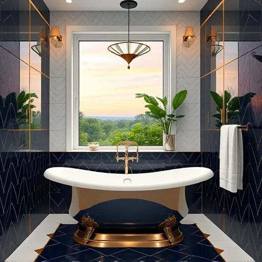 A luxurious Art Deco bathroom featuring symmetrical geometric patterns and stylized decorative elements. The focal point is a vintage-inspired bathtub with sleek chrome fixtures, set against glossy navy zigzag-patterned tiles accented with gold trim and crisp white surfaces. Mirrored cabinets with angular, stepped edges reflect warm ambient lighting, creating a sense of depth and glamour. Playful touches include a retro soap dispenser shaped like an abstract sunburst and a fan-shaped towel rack, adding personality. In the background, a window reveals a soft Ohio sunset sky with pastel hues and lush greenery, suggesting a Dublin, Ohio setting. The overall design combines polished craftsmanship with vintage charm, showcasing a sophisticated color palette of deep navy, gold accents, whites, and pastel highlights, embodying elegant, modern bathroom upgrades with a whimsical vintage flair.