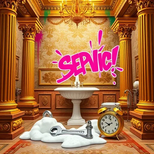 A luxurious Baroque-style bathroom scene in Dublin, Ohio, featuring ornate gilded fixtures with intricate scrollwork, lavish marble surfaces, and tall carved columns supporting an elegant chandelier emitting warm, golden light. The scene is slightly chaotic, with a fountain of soap suds overflowing onto ornate tiled floors, adding a playful, disordered element. Vintage plumbing tools, including a cartoon-eyed wrench and a miniature pipe wrench, are scattered among the decor, blending whimsical charm with opulence. Bright emerald green and warm amber hues create a cheerful yet elegant atmosphere, while a richly decorated gold leaf-patterned wall is partially obscured by vibrant pink and orange spray-painted graffiti, emphasizing an urgent DIY or emergency repair theme. A vintage-style clock with exaggerated hands frozen at a critical moment underscores a sense of urgency. The overall composition combines refined elegance with quirky personality and chaotic charm, ideal for a blog cover on emergency bathroom renovations.