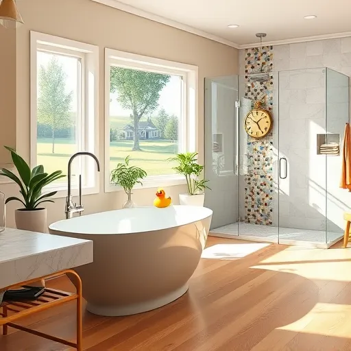 A realistic, vibrant bathroom scene from a top-rated remodeling project in Powell, Ohio, featuring a modern bathtub with curved edges, a luxurious marble-topped freestanding vanity with contemporary fixtures, and lush green potted plants adding freshness. A glass-enclosed walk-in shower with detailed tiling reflects Ohio’s natural landscape through a window, where sunlight streams in as a subtle warm glow. Playful elements include a vintage rubber duck on the bathtub edge, a colorful mosaic tile backsplash with whimsical patterns, and a quirky house-shaped wall clock. The spacious, well-lit room has polished hardwood floors, soft neutral walls, and vibrant decorative towels and accessories, creating a calm yet lively atmosphere. Outside, lush greenery and distant rolling hills hint at Ohio’s scenic suburban environment. The overall design combines professionalism with friendly warmth, showcasing quality craftsmanship, modern elegance, and a harmonious color palette of warm beige, crisp white, natural wood tones, and lively accents, inspiring viewers to envision their ideal bathroom.