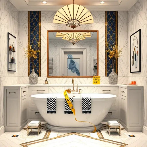 A luxurious Art Deco bathroom featuring geometric tile patterns in rich golds, deep blues, and marble whites, emphasizing elegance and sophistication. The centerpiece is a chic freestanding bathtub with stylized chrome fixtures, surrounded by angular, streamlined cabinetry with sleek metallic accents. Elegant fan-shaped or sunburst lighting fixtures cast a warm glow, highlighting intricate design details. An expansive, ornate mirror reflects the space's grandeur, complemented by decorative elements such as zigzag-patterned towels, abstract vases with stylized plants, and Art Deco-inspired wall art. Playful touches include a vintage-style measuring tape draped over the countertop and a geometric calendar with illustrated price tags, hinting at remodeling estimates. The scene exudes a glamorous yet accessible atmosphere, showcasing a high-end, polished bathroom remodel with a confident, aspirational mood, focusing on intricate design details, harmonious form and function, ideal for a stylish blog cover.