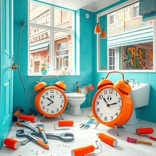 A vibrant digital artwork illustrating an urgent bathroom renovation in Ohio's trendy Short North neighborhood. The scene features a partially demolished bathroom interior with playful, exaggerated design elements in bright turquoise, lively orange, and crisp white tones, creating a lively and fun atmosphere. Oversized tools such as giant wrenches, colorful paint rollers, and a smiling ratchet screwdriver with a tiny paintbrush are scattered around, emphasizing quick repair. A cartoonish alarm clock with sprouting limbs, holding a small wrench, adds a humorous touch, indicating urgency. In the background, iconic Short North street art murals and eclectic storefronts are visible through large windows, blending urban charm with renovation chaos. Warm highlights and cool shadows enhance the energetic mood, highlighted by dynamic lighting. The sleek, detailed digital art style captures the quirky, fast-paced essence of emergency services in a trendy city setting, with a color palette balancing vibrancy and professionalism. Subtle details like colorful smudges and characterful tools add personality, making the scene engaging and visually appealing for a blog cover or SEO purposes.