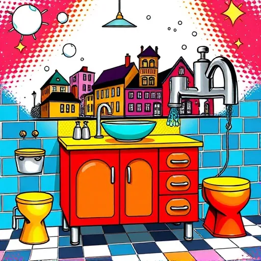 A vibrant pop art-inspired illustration featuring the best bathroom remodeling company in Hilliard, Ohio. The scene showcases a playful bathroom vanity with exaggerated rounded edges, bright turquoise sink basin, vivid yellow countertops, and glossy cherry-red cabinet doors outlined in bold black lines. Surrounding the vanity are whimsical, oversized plumbing fixtures with exaggerated curves and dynamic patterns, emphasizing creativity and craftsmanship. In the background, a comic-book-style cityscape of Hilliard’s neighborhoods is rendered with bold halftone shading and energetic hues of deep blue, lively orange, and playful pink, creating an upbeat mood. Playful, oversized soap bubbles float above, with a shiny faucet and exaggerated water droplets frozen mid-splash, highlighting quality and innovation. The scene is filled with stylized, abstract tiles in bold geometric patterns, featuring subtle Ohio-inspired details like tiny stars and sparkles, symbolizing brilliance and top-tier service. Overall, this colorful, dynamic composition captures the fun, modern spirit of a dependable bathroom remodel, with a quirky pop art aesthetic that emphasizes creativity, excellence, and transformation.