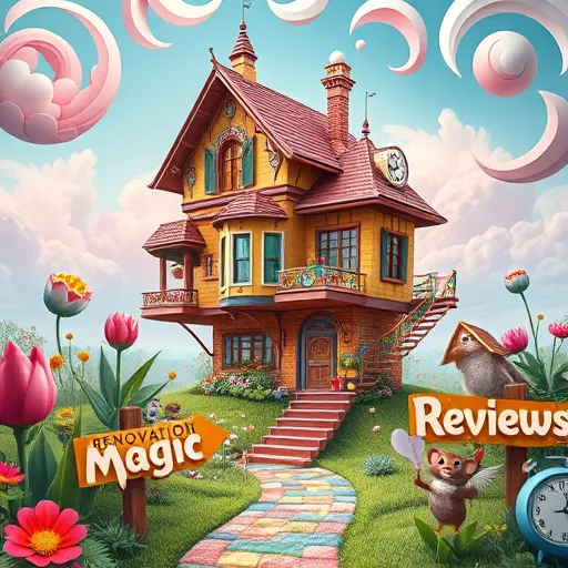 A whimsical, surreal illustration of a charming, eclectic home constantly transforming with floating architectural elements such as ornate windows, twisting staircases, and whimsical rooflines drifting through a dreamlike landscape. The scene is set in an enchanting garden filled with oversized, vibrant flowers that spiral into abstract shapes, blending into a sky of swirling pastel clouds. Quirky details include a rainbow-colored brick ladder leading to a floating door, a melting clock symbolizing time and change, and playful critters like curious birds with exaggerated eyes and tiny rodents with tool belts interacting with the structures. Lush greenery morphs into abstract forms, alongside a winding tile path and surreal signage pointing to “Renovation Magic” and “Reviews” embedded in the landscape. The vibrant pastel color palette—pinks, blues, and greens with warm golden accents—evokes an inviting, light-hearted mood. The scene captures a sense of imaginative transformation, reflecting positive home renovation reviews and the joy of turning dreams into reality through a creative, fantastical lens.