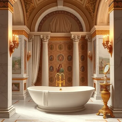 A luxurious Renaissance-inspired bathroom featuring classical grandeur and modern craftsmanship. The scene includes intricate marble arches, ornate gold accents, detailed mosaics, and elegant Corinthian columns. A large white marble bathtub sits surrounded by flowing drapery reminiscent of Renaissance textiles. Shimmering candle sconces cast warm light, highlighting the rich textures and colors. Playful elements include a brass faucet shaped like a mythical creature and a cherub figurine holding a tiny mirror on a decorative pedestal. The grand hall is decorated with frescoes depicting water, wellness, and beauty, with subtle Columbus-related symbols hidden in decorative tiles. The warm color palette combines gold, cream, terracotta, emerald green, and sapphire blue, creating a regal and tranquil atmosphere. Rendered in meticulous Renaissance style, the image blends timeless artistry with the theme of high-end home renovation, exuding majestic elegance with quirky details and a local Columbus touch.