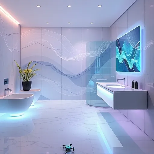 A futuristic bathroom scene featuring sleek, smooth curved surfaces with integrated glowing LED accents highlighting a modern aesthetic. The environment includes seamless white marble floors with an iridescent shimmer, floating metallic vanity stations with transparent bioluminescent panels, and a wall-mounted holographic control panel displaying watercolor-style water drops and waveforms. A transparent glass shower enclosure shows animated water ripples, creating a dynamic sense of fluidity. Luminous, neon-colored plants in the corners add a playful contrast between nature and technology. Soft ambient lighting in pastel hues of lavender, aquamarine, and mint bathes the space in a calming, futuristic atmosphere. Background elements include abstract shapes resembling swirling water currents and levitating tiles, emphasizing innovative design with subtle asymmetry. Tiny floating robotic cleaning drones hover effortlessly, adding a quirky, high-tech touch. The overall scene combines high-tech elegance with playful details in a vivid, hyper-detailed futurism style, featuring shimmering metallics, luminous accents, and a soft glow that evokes a sleek, reimagined future bathroom.