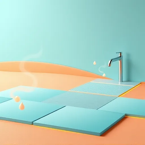 An abstract, colorful depiction of heated bathroom flooring in a ColorFieldPainting style, featuring bold blocks of soothing blue, warm terracotta, and sandy beige tones that evoke a calming, luxurious bathroom atmosphere. The foreground shows stylized, simplified tiles with gentle contours and subtle gradients suggesting warmth emanating from beneath. Playful pastel steam clouds float above the tiles, indicating heat, while whimsical faucet droplets resemble bubbles hovering mid-air. The background consists of muted aquas and tans, creating a tranquil environment. Shiny metallic silver accents hint at hidden heating elements within the floor. The overall composition combines warm colors and harmonious contrasts to convey relaxation, cleanliness, and the innovative design of radiant bathroom heating solutions in an artistic, stylized manner.