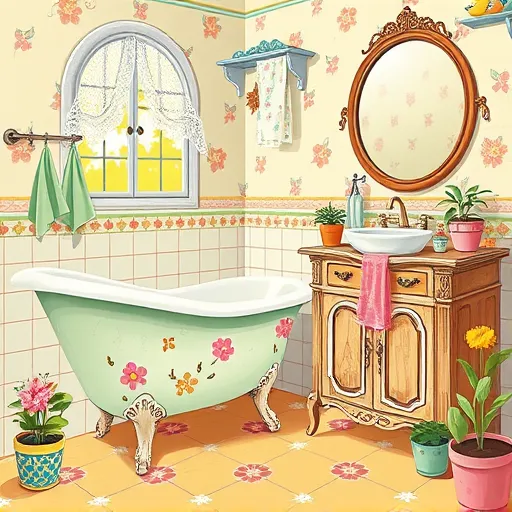 A vibrant folk art-inspired scene of a vintage bathroom undergoing a charming makeover. The centerpiece is a pastel mint green clawfoot bathtub decorated with whimsical floral patterns, surrounded by vintage ceramic tiles in warm creams and soft blues, featuring playful cracks and rustic imperfections that highlight its history. Nearby is an ornate, slightly faded antique wooden vanity with detailed carvings, topped with a retro porcelain sink and brass fixtures, complemented by colorful mismatched towels hanging casually. In the background, a large round mirror with an ornate frame reflects a cheerful sunny window dressed with flowy lace curtains. Vintage bathroom accessories such as soap dishes, toothbrush holders, and a quirky ceramic duck soap dispenser are arranged in a lively, cozy display, some slightly tilted or mismatched to add personality. The scene is enriched with potted houseplants in colorful pots and charming decorative elements like a lace-covered shelf and a fish-shaped quirky clock. The overall atmosphere is playful, nostalgic, and warm, evoking a positive transformation vibe through bold folk art motifs like swirls, dots, and floral accents. Bright, cheerful colors including mint green, soft pinks, sunny yellows, and gentle blues dominate, creating a lively yet calming vintage bathroom makeover scene filled with personality, cozy details, and folk art charm.