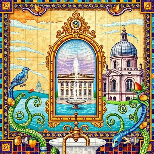 A vibrant Byzantine-style mosaic representing emergency bathroom renovation services in Grove City, Ohio. The mosaic features ornate, gold-accented tiles forming swirling patterns reminiscent of Byzantine church domes and elaborate borders. Central to the design is a stylized bathroom mirror reflecting a shimmering water fountain, symbolizing cleanliness and refreshment. Surrounding the mirror are decorative icons of plumbing tools—a wrench, plunger, and pipe—enhanced with swirling vine motifs and gem-like embellishments, indicating expert repair work. The background depicts an architectural palace with domed rooftops and arched windows set against a soft pastel sky blending warm amber, calming teal, and deep royal purple, evoking professionalism and reassurance. Playful Byzantine-inspired creatures, such as tiny mosaic birds and a whimsical fish navigating a stylized pipe, add charming detail. Subtle regional references, like stylized acorns and small local landmarks, are embedded within the intricate patternwork, highlighting Grove City, Ohio. The overall scene conveys confident efficiency and artistic craftsmanship, emphasizing rapid, reliable bathroom renovation services with rich, spiritual Byzantine artistic elements and inviting earthy tones.