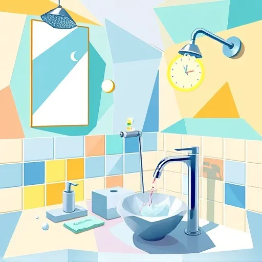 Vibrant abstract Cubism-inspired illustration of a quick bathroom makeover, featuring geometric shapes and fragmented perspectives. The composition includes sinks, mirrors, tiles, and faucets arranged in a playful mosaic of pastel blues, soft aquas, and sunny yellows, creating a cheerful, energetic mood. Quirky details such as a crooked toothbrush holder, swirling soap bubbles, tiny crescent moons, and abstract clock faces suggest swift and creative bathroom transformations. The stylized bathroom environment displays fragmented tiles and angular walls, conveying a dynamic sense of space and movement. Bold contrasting geometric planes illustrate light and shadow, emphasizing efficiency and energy. Exaggerated cartoonish faucet streams flow into shiny, geometric sinks, accompanied by an abstract, smiling showerhead with cheerful rays, balancing professionalism and playfulness. This lively Cubist design captures the essence of quick, creative bathroom upgrades for an engaging blog cover image.